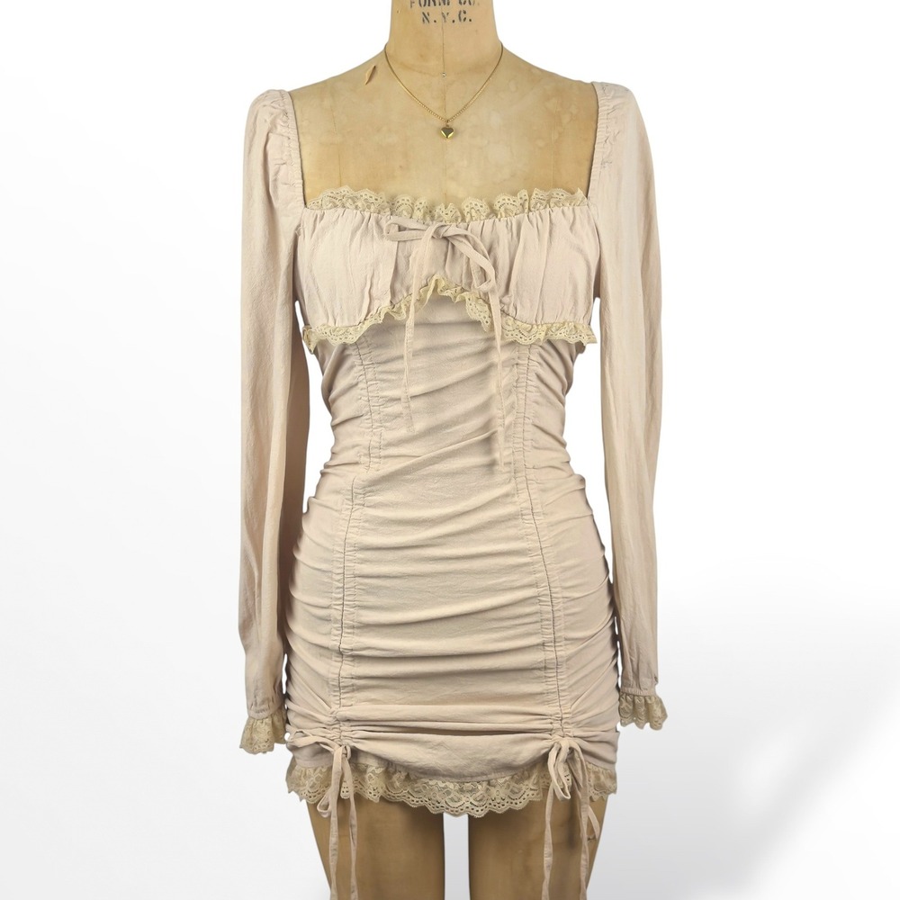 Coquette Womens S Ruched Lace Mini Dress Milkmaid Cottegecore Dark Romance